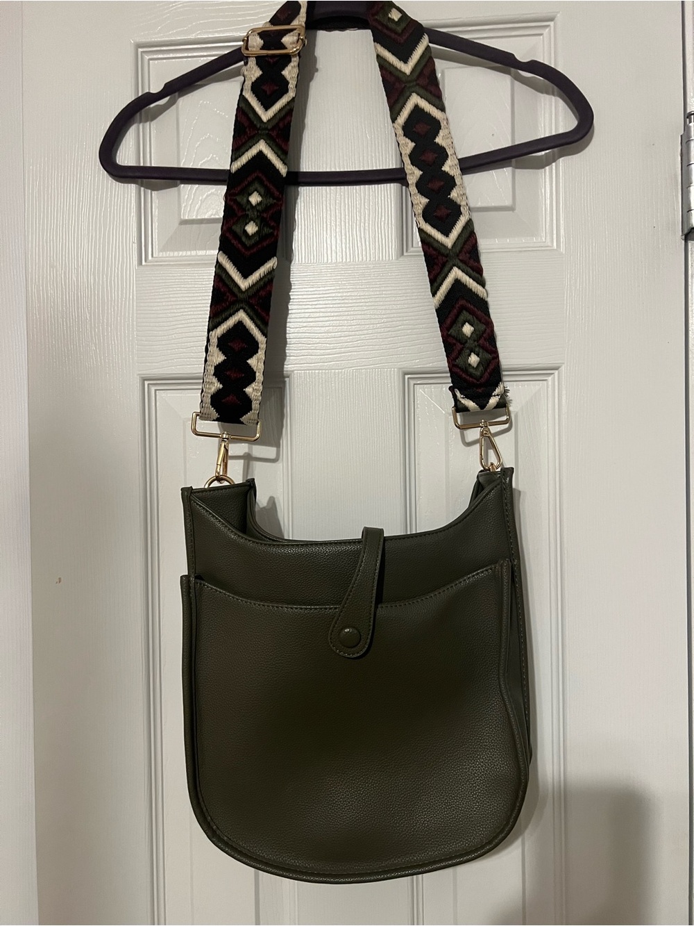 Olive Green Pebbled Crossbody with Removable Geometric Strap